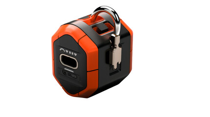 An orange and black box with a key resting on top