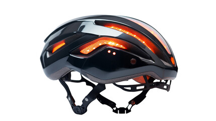 A helmet with a side light glowing in the dark