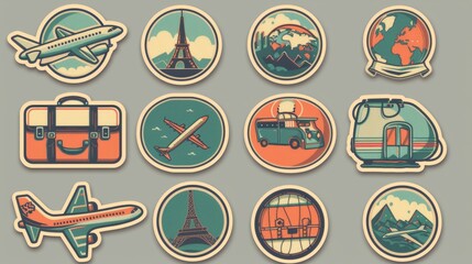 A set of retro-themed travel stickers with a minimalist design, featuring airplanes, suitcases, and round shapes. - obrazy, fototapety, plakaty
