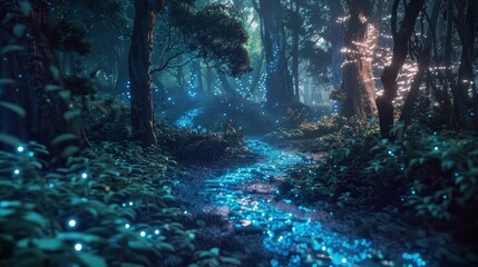 A deep forest with bioluminescent plants and pathways - obrazy, fototapety, plakaty