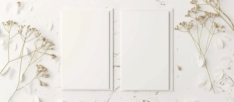 Wedding invitation card mockup featuring blank front and back sides adorned with stylish dry gypsophila flower decoration and space for customization.