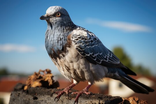 Beautiful Pigeon or dove sitting stone blurred background Generative AI