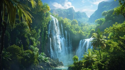Fototapeta na wymiar A majestic waterfall hidden in a tropical rainforest