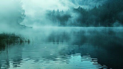 A mysterious, fog-covered lake in the early morning