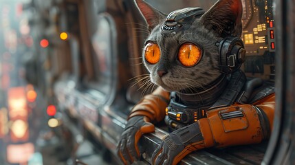 A cinematic shot of a robotic cat companion perched on a windowsill,
