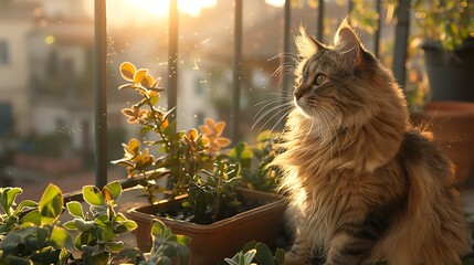 A cinematic shot of a robotic cat companion lounging on a sunlit balcony, its synthetic fur catching the light in a mesmerizing display of texture and detail. - obrazy, fototapety, plakaty