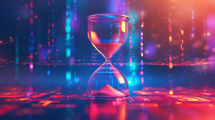 An hourglass serves as a symbol representing the concept of time passing, particularly in the context of business deadlines, urgency, and the notion of time running out. - obrazy, fototapety, plakaty