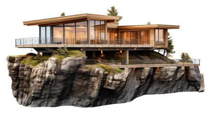 A house perched atop a towering, rugged cliff overlooking the vast expanse of the ocean below