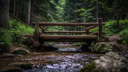 A rustic wooden bridge over a babbling brook - obrazy, fototapety, plakaty