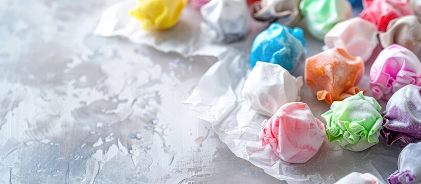 Colorful salt water taffy on a white backdrop with space for text. A close-up shot with a very blurry background.