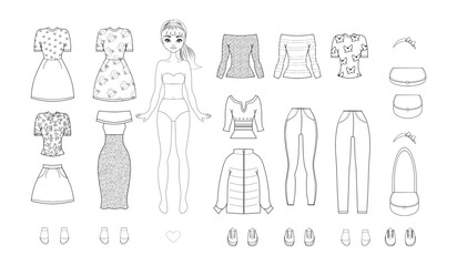 Paper doll clothes outline. Cute girl with clothes set, collection. Fashion girl coloring book, Coloring page. Vector illustration isolated on white background. Toy, game for children.Dress up, cutout