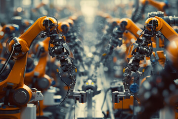 A factory with many robots in orange