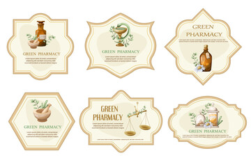 Set of labels for pharmaceutical products green pharmacy
