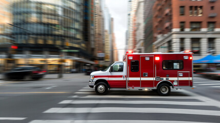 Ambulance car fast moving on city street. Ambulance van with flashing lights - 770027887