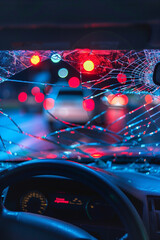 Broken windshield of a car after a traffic accident. The cracks in the glass are illuminated by the police light