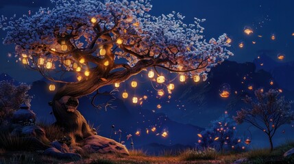 A tree that blooms with lanterns instead of flowers at night