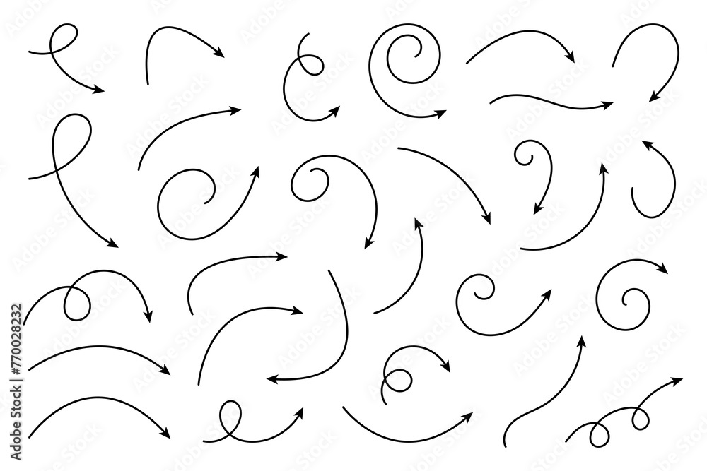 Aufkleber collection of thin line arrows. set simple curved hand drawn arrows. collection of pointers.