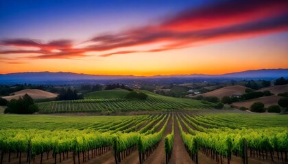a sunset view of a vineyard with a field of vines and a mountain in the background