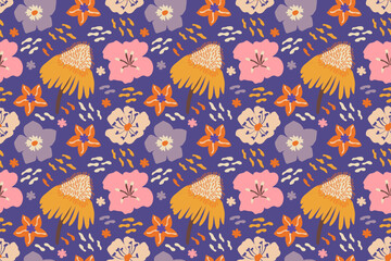 Seamless pattern with abstract flowers. Vector hand drawn floral background. 