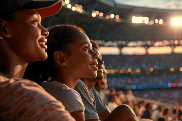 Three women are sitting in a stadium watching a game - obrazy, fototapety, plakaty
