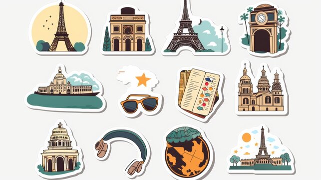 Set of retro travel stickers featuring iconic symbols of France, isolated.





