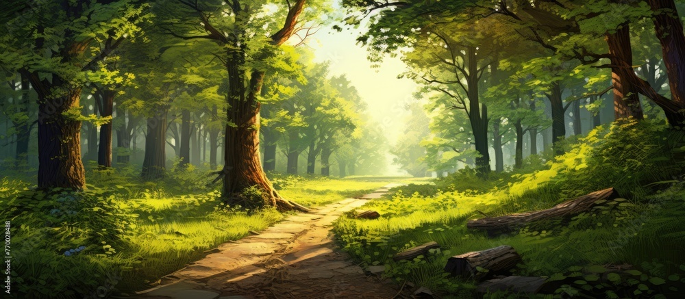 Poster a natural landscape with a path surrounded by trees and sunlight filtering through the leaves, creat