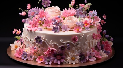 Floral topped cake with "Happy Birthday" carefully scripted onto the cake board using edible flowers and vines.