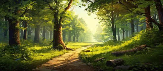 A natural landscape with a path surrounded by trees and sunlight filtering through the leaves, creating a peaceful and serene setting in the middle of a forest
