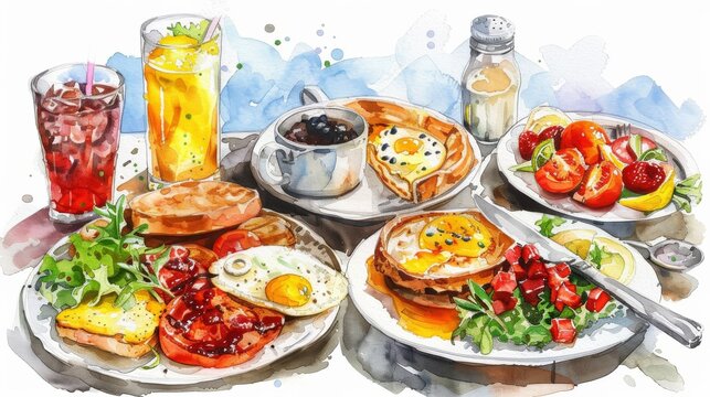 Watercolor clipart featuring Southern-style breakfast dishes set against a white canvas.





