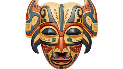 A wooden mask adorned with majestic horns on its head, exuding an air of mystery and fascination
