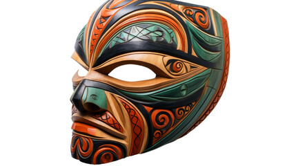 A colorful wooden mask with intricate designs stands out against a dark background