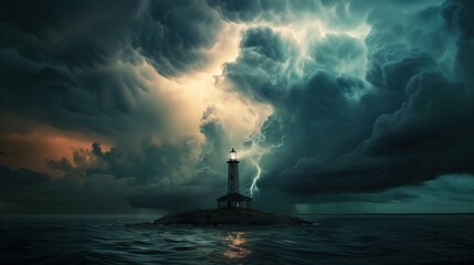 An isolated lighthouse during a thunderstorm