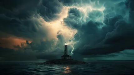 Tuinposter An isolated lighthouse during a thunderstorm © Chingiz