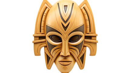 An intricately carved wooden mask with a large, expressive face
