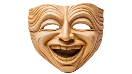 A wooden mask featuring a mysterious smile