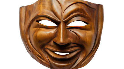 A wooden mask with a cheerful smile carved into it, exuding a positive and welcoming energy