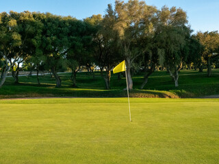 Obraz premium View of golf course with green grass and forest with beautiful putting green with rich green landscape