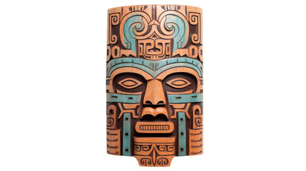 A wooden tiki mask stands out on a white background, its intricate carvings and mysterious aura captivating the viewer