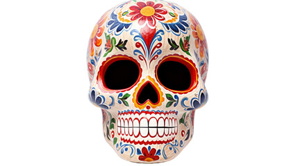 A colorful skull adorned with a vibrant flower on its head, blending beauty and darkness
