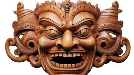 A handcrafted wooden mask featuring intricately carved dual faces, one serene and the other fierce