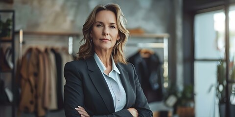 Middle-Aged Businesswoman in a Suit Supervising a High-Level Meeting. Concept Business Professional, Corporate Environment, Leadership Skills, Team Collaboration, Workplace Supervision - obrazy, fototapety, plakaty