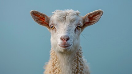 A portrait of a white goat with a serene expression against a soft blue background