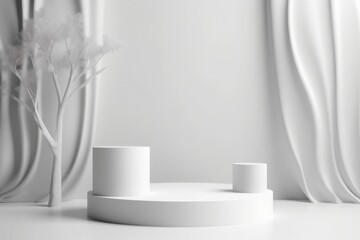 Abstract white 3D room with realistic white cylinder pedestal podium set and tree shadow overlay....