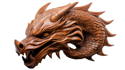 Intricate wooden dragon head sculpture on a white background