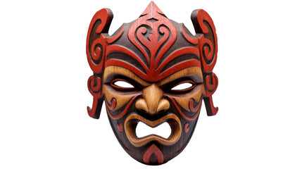 A mask adorned with a striking red and black design