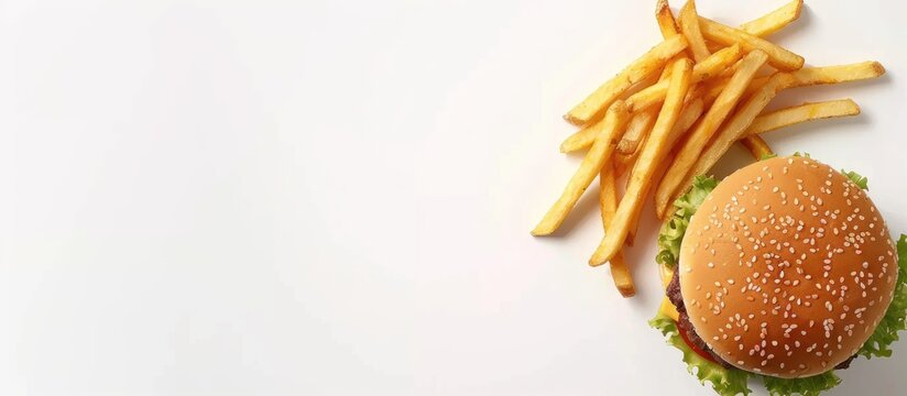 Mock up burger and fries on white background with space for text and logo, including clipping path.