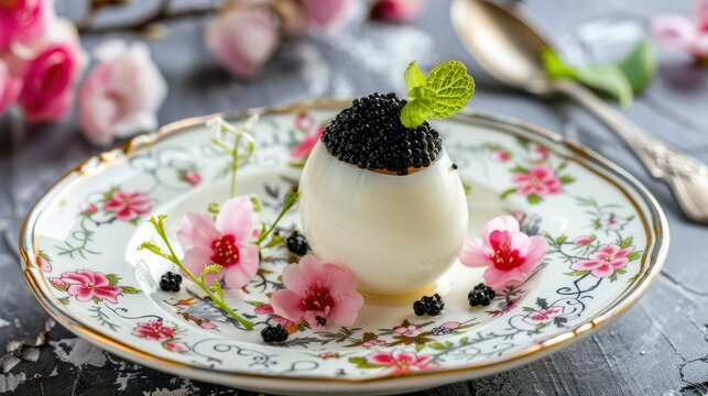 Egg snack with black caviar and decorations on a beautiful saucer, copyspace, professional photo 