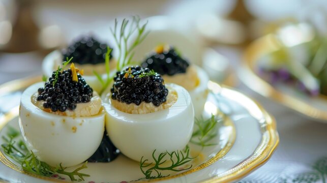 Egg snack with black caviar and decorations on a beautiful saucer, copyspace, professional photo 