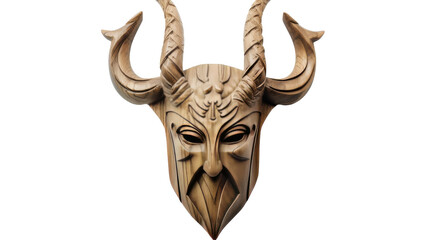 A mysterious wooden mask featuring prominent horns, set against a clean white background