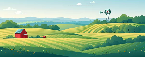 Meubelstickers Rural landscape with a farm on field. Beautiful nature with sunny green hills, red old barn and blue sky. Country background for card, banner, poster © ratatosk